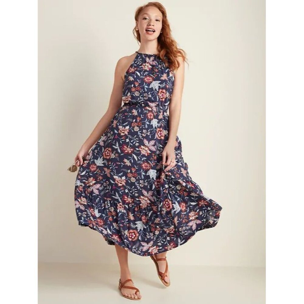 Old Navy Size S Floral High-Neck Waist-Defined Braided-Strap Maxi Sundress Navy